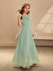 SHEIN Elegant Flower Girl Dress, Sage Green Summer Chiffon Sleeveless Spaghetti Strap Maxi Dress, Big Swing Princess Wedding Party Formal Occasions Fall - Mint Green - View 5