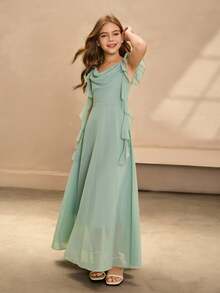 SHEIN Elegant Flower Girl Dress, Sage Green Summer Chiffon Sleeveless Spaghetti Strap Maxi Dress, Big Swing Princess Wedding Party Formal Occasions Fall - Mint Green - View 6