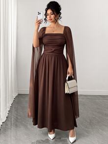 Elenzga Plus Size Women's Elegant Fashion Party Square Neck Ruched Patchwork Mesh Cape Long Sleeve Cinched Waist A-Line Hem Dress, Spring/Autumn Fall - Brown - View 1