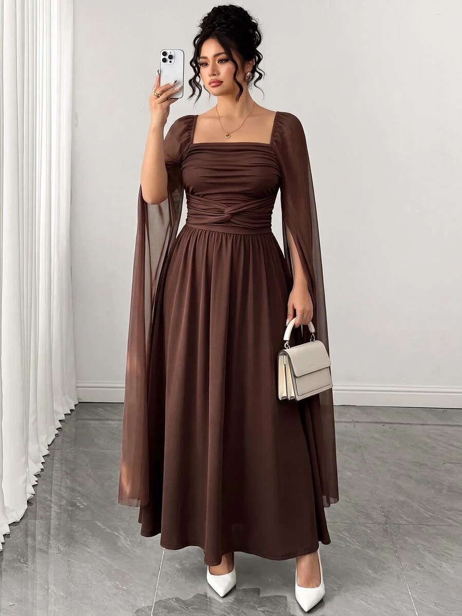 Elenzga Plus Size Women's Elegant Fashion Party Square Neck Ruched Patchwork Mesh Cape Long Sleeve Cinched Waist A-Line Hem Dress, Spring/Autumn Fall - Brown - View 1