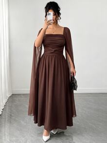 Elenzga Plus Size Women's Elegant Fashion Party Square Neck Ruched Patchwork Mesh Cape Long Sleeve Cinched Waist A-Line Hem Dress, Spring/Autumn Fall - Brown - View 5