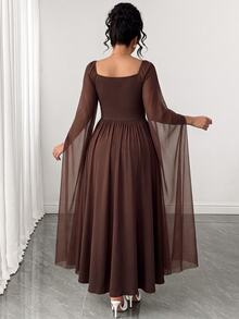 Elenzga Plus Size Women's Elegant Fashion Party Square Neck Ruched Patchwork Mesh Cape Long Sleeve Cinched Waist A-Line Hem Dress, Spring/Autumn Fall - Brown - View 2