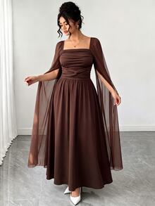 Elenzga Plus Size Women's Elegant Fashion Party Square Neck Ruched Patchwork Mesh Cape Long Sleeve Cinched Waist A-Line Hem Dress, Spring/Autumn Fall - Brown - View 4