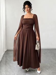 Elenzga Plus Size Women's Elegant Fashion Party Square Neck Ruched Patchwork Mesh Cape Long Sleeve Cinched Waist A-Line Hem Dress, Spring/Autumn Fall - Brown - View 3