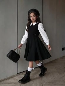 SHEIN 青少年女孩秋季洋裝 襯衫領網紗袖 珍珠裝飾 學院風 優雅高貴 針織花卉抓皺設計 聖誕學校 黑白配色 假日穿搭 - 黑色 - 查看 4