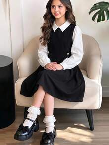 SHEIN 青少年女孩秋季洋裝 襯衫領網紗袖 珍珠裝飾 學院風 優雅高貴 針織花卉抓皺設計 聖誕學校 黑白配色 假日穿搭 - 黑色 - 查看 5