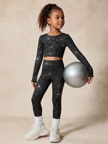 SHEIN 女童黑色箔面短版上衣與緊身褲運動套裝，秋季體操幼兒 7 歲生日穿著 - 黑色 - 查看 5
