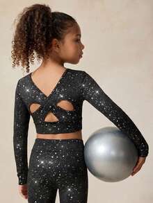 SHEIN 女童黑色箔面短版上衣與緊身褲運動套裝，秋季體操幼兒 7 歲生日穿著 - 黑色 - 查看 9