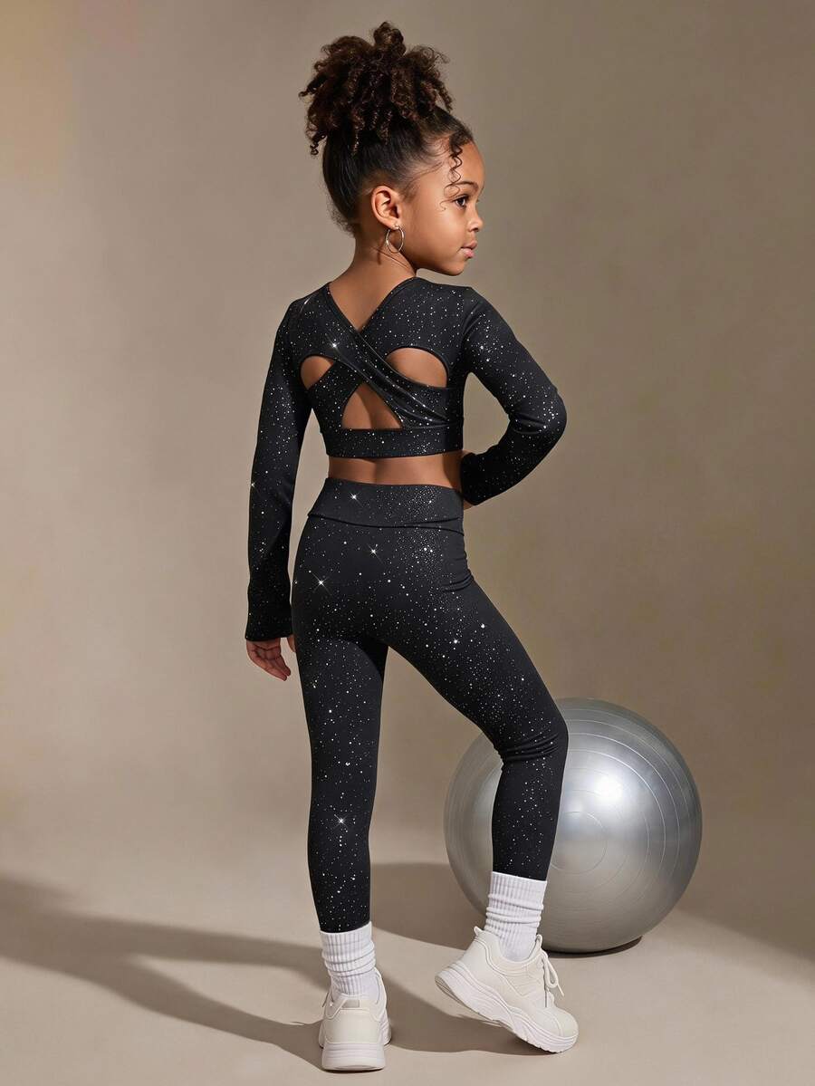 SHEIN 女童黑色箔面短版上衣與緊身褲運動套裝，秋季體操幼兒 7 歲生日穿著