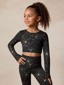 SHEIN 女童黑色箔面短版上衣與緊身褲運動套裝，秋季體操幼兒 7 歲生日穿著 - 黑色 - 查看 7