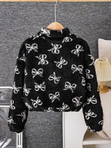 Tween Girls Bow Plush Jacket Stand Collar Zipper Front Cuffed Fuzzy All-Over Print Y2k Graphic Cute Top Autumn/Winter Black And White School Student - Black - View 12