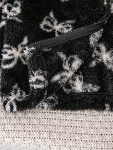 Tween Girls Bow Plush Jacket Stand Collar Zipper Front Cuffed Fuzzy All-Over Print Y2k Graphic Cute Top Autumn/Winter Black And White School Student - Black - View 9