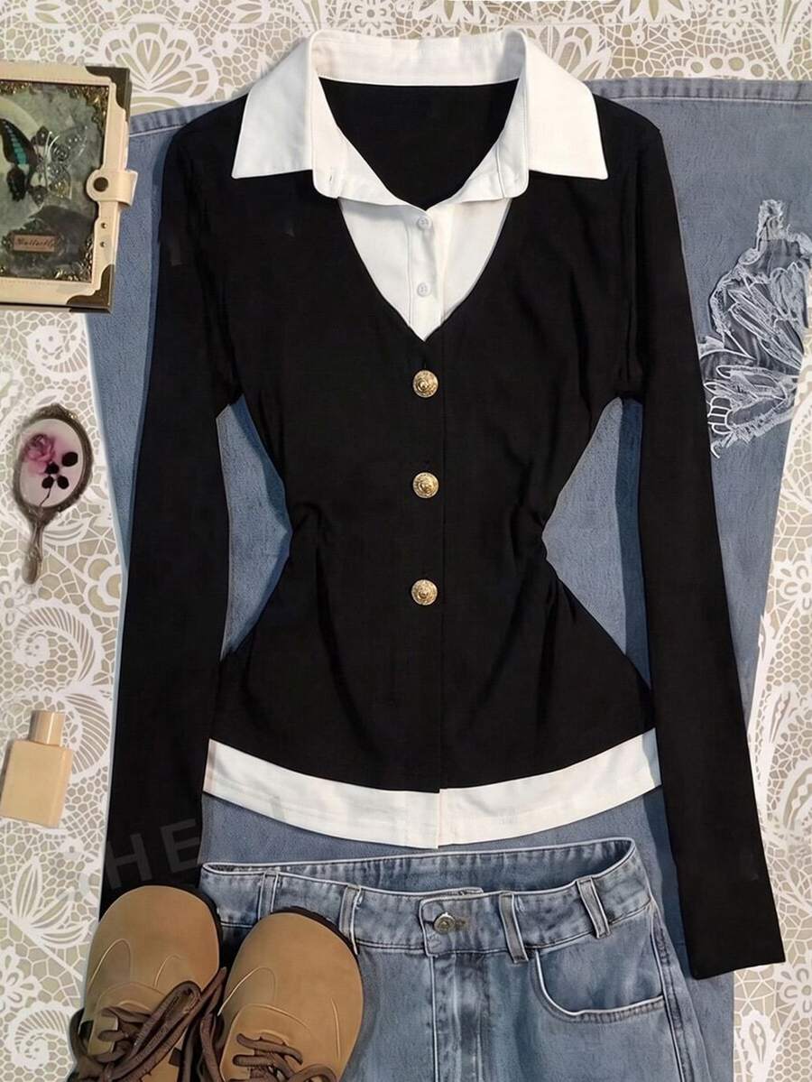 Franclia Women's Lapel Button Long Sleeve 2 In 1 Top - Black - View 1