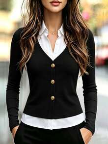 Franclia Women's Lapel Button Long Sleeve 2 In 1 Top - Black - View 1