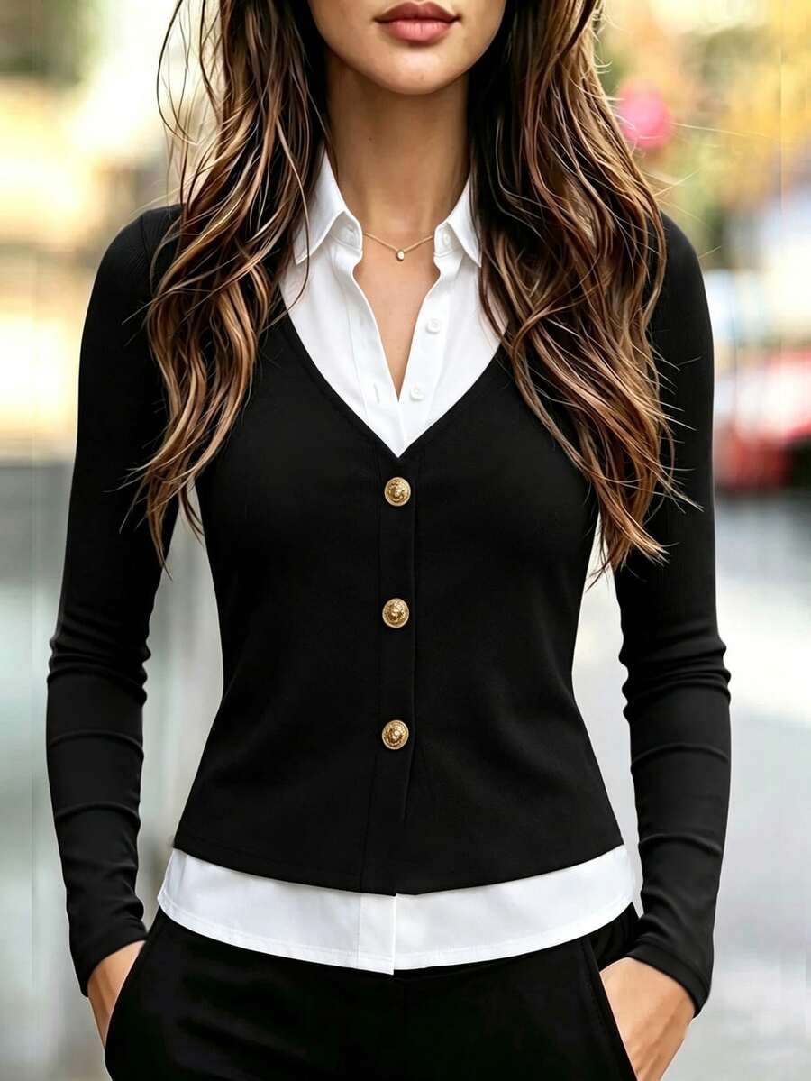 Franclia Women's Lapel Button Long Sleeve 2 In 1 Top - Black - View 1