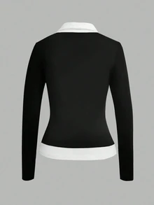 Franclia Women's Lapel Button Long Sleeve 2 In 1 Top - Black - View 2