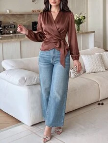 Modelyn 女款素色正肩長袖裹身優雅襯衫 教師節 辦公室 勃艮地紅 秋季 - 藕粉色 - 查看 11