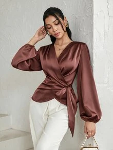 Modelyn 女款素色正肩長袖裹身優雅襯衫 教師節 辦公室 勃艮地紅 秋季 - 藕粉色 - 查看 7