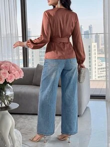 Modelyn 女款素色正肩長袖裹身優雅襯衫 教師節 辦公室 勃艮地紅 秋季 - 藕粉色 - 查看 3