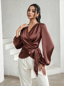 Modelyn 女款素色正肩長袖裹身優雅襯衫 教師節 辦公室 勃艮地紅 秋季 - 藕粉色 - 查看 6