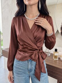 Modelyn 女款素色正肩長袖裹身優雅襯衫 教師節 辦公室 勃艮地紅 秋季 - 藕粉色 - 查看 10