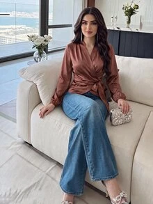 Modelyn 女款素色正肩長袖裹身優雅襯衫 教師節 辦公室 勃艮地紅 秋季 - 藕粉色 - 查看 2