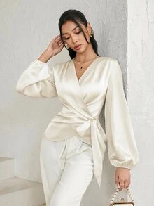 Modelyn 女款純色正肩長袖交叉領優雅襯衫 教師節辦公穿搭 酒紅色 秋季 - 白色 - 查看 10