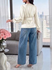 Modelyn 女款純色正肩長袖交叉領優雅襯衫 教師節辦公穿搭 酒紅色 秋季 - 白色 - 查看 3