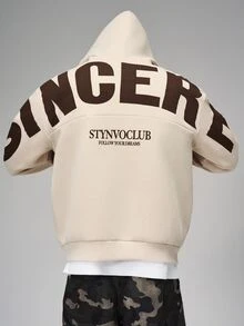 STYNVO 男士休閒字母印花連帽衛衣，秋冬款 - 杏色 - 查看 4