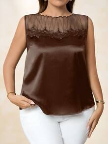 Chikora Plus Size Fashionable Elegant Mesh Patchwork Sleeveless Tank Top - Brown - View 6