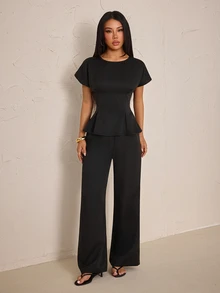 SHEIN PETITE Women's Solid Color Top And Pants Casual Daily 2 Pieces Set - Black - View 8