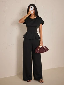 SHEIN PETITE Women's Solid Color Top And Pants Casual Daily 2 Pieces Set - Black - View 3