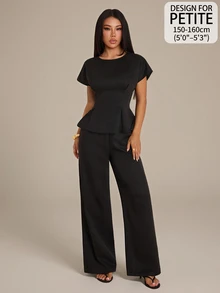 SHEIN PETITE Women's Solid Color Top And Pants Casual Daily 2 Pieces Set - Black - View 11