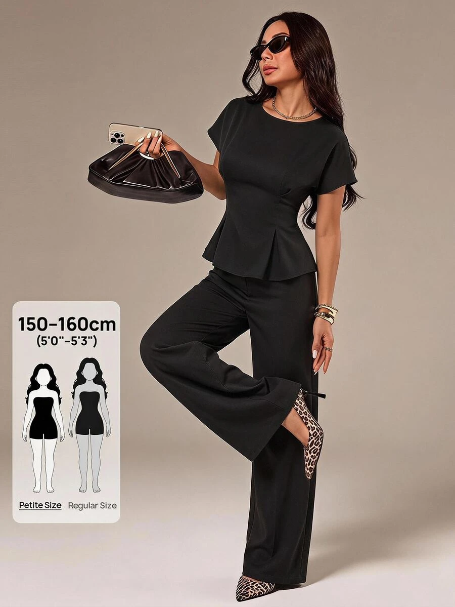 SHEIN PETITE Women's Solid Color Top And Pants Casual Daily 2 Pieces Set - Black - View 1