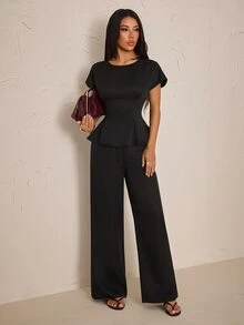 SHEIN PETITE Women's Solid Color Top And Pants Casual Daily 2 Pieces Set - Black - View 6