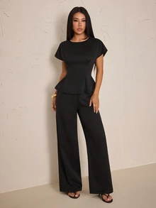SHEIN PETITE Women's Solid Color Top And Pants Casual Daily 2 Pieces Set - Black - View 7