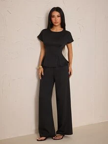 SHEIN PETITE Women's Solid Color Top And Pants Casual Daily 2 Pieces Set - Black - View 4