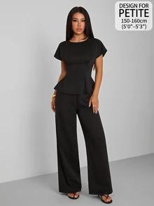 SHEIN PETITE Women's Solid Color Top And Pants Casual Daily 2 Pieces Set - Black - View 10