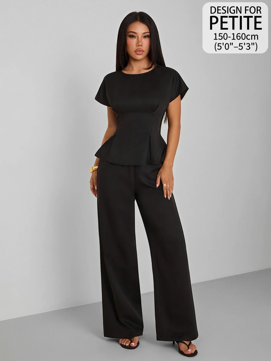 SHEIN PETITE 女款純色上衣與長褲休閒日常兩件套 - 黑色 - 查看 1
