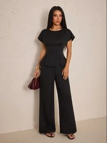 SHEIN PETITE Women's Solid Color Top And Pants Casual Daily 2 Pieces Set - Black - View 5
