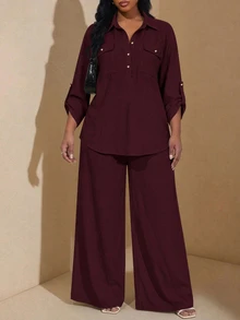Chikora 大尺碼女款純色長袖上衣與寬腿褲休閒優雅日常套裝 秋季早午餐 辦公商務正式酒紅色 - 酒紅色 - 查看 6