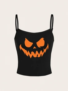 SHEIN ICON 女款休閒性感細肩帶修身背心，南瓜笑臉印花，適合日常通勤、約會、派對，秋冬春夏，聖誕節、新年、感恩節 - 黑色 - 查看 2