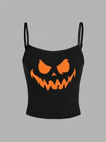 SHEIN ICON 女款休閒性感細肩帶修身背心，南瓜笑臉印花，適合日常通勤、約會、派對，秋冬春夏，聖誕節、新年、感恩節 - 黑色 - 查看 7