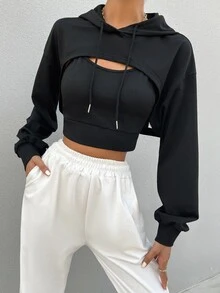SHEIN هوديي قصير مع سحاب وكتف منسدل، ملابس علوية تخرج، معلم، عودة إلى المدرسة، بلوفر خريفي - الأسود - مشاهدة 7