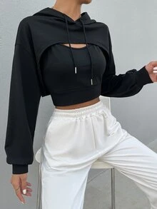 SHEIN هوديي قصير مع سحاب وكتف منسدل، ملابس علوية تخرج، معلم، عودة إلى المدرسة، بلوفر خريفي - الأسود - مشاهدة 6