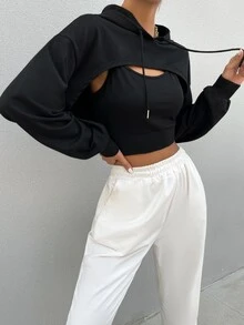 SHEIN هوديي قصير مع سحاب وكتف منسدل، ملابس علوية تخرج، معلم، عودة إلى المدرسة، بلوفر خريفي - الأسود - مشاهدة 5