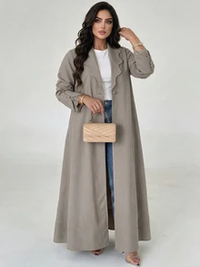 Al Najma Plus Size Lapel Collar Open Front Abaya Maxi Coat Lace Cuff Trim Long Sleeve Loose Modest Fall Muslim Outerwear - Khaki - View 2