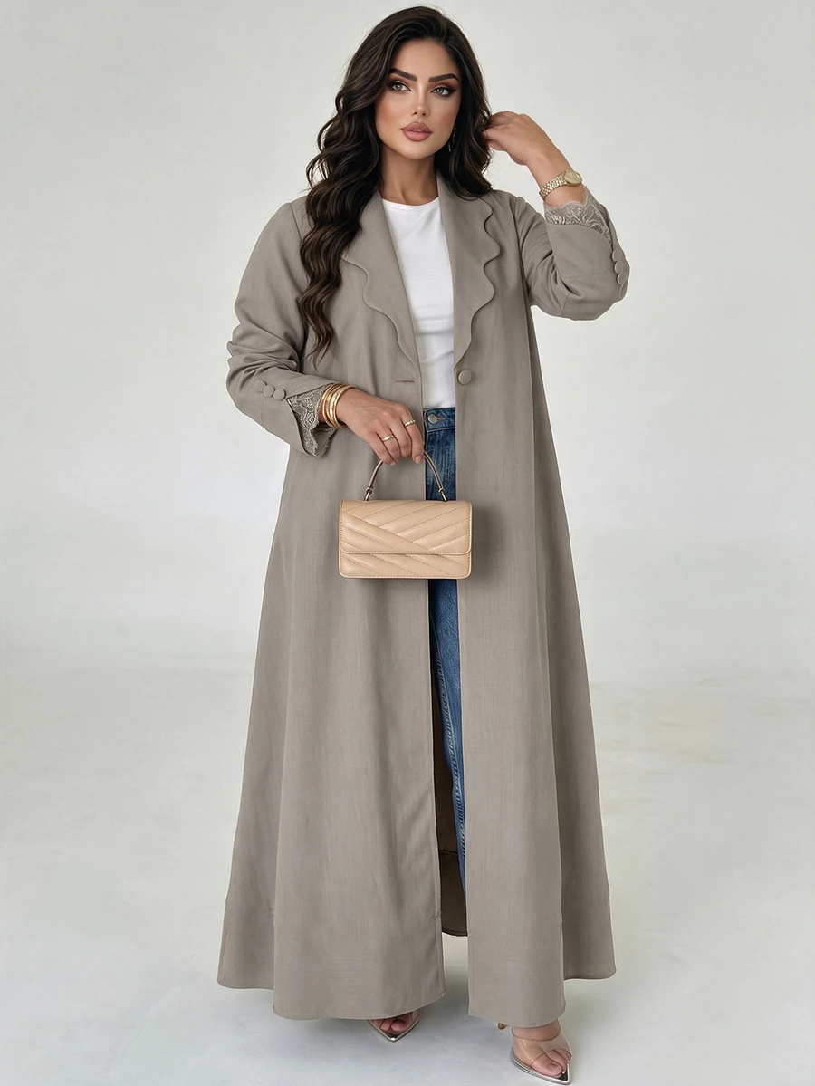 Al Najma Plus Size Lapel Collar Open Front Abaya Maxi Coat Lace Cuff Trim Long Sleeve Loose Modest Fall Muslim Outerwear