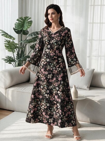 Al Najma Women's Elegant Ditsy Floral Mesh Panel Turkish & Arabian Traditional Maxi Dress, Kaftan & Jalabiya,Modest