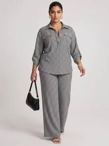 Chikora Plus Size Women's Plaid Top And Pants Casual Daily 2 Pieces Set Fall - Black and White - View 7